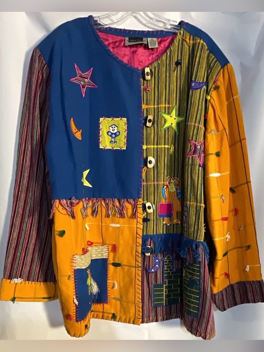 Maggie Barnes Patchwork Embroidered Jacket in Blue, Yellow, Pink, 3X